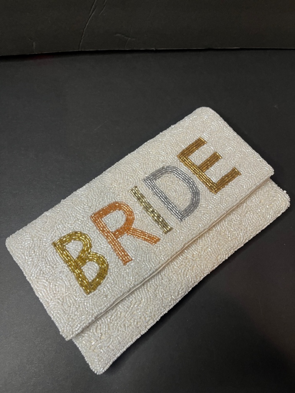 Beaded BRIDE Clutch - White with Metallic Letters